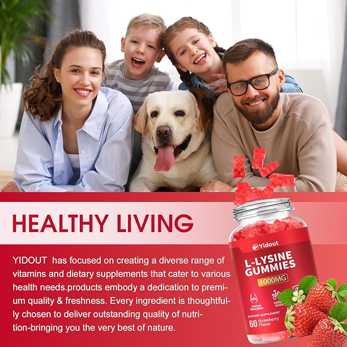 L-Lysine 1000mg Gummies for Immune Support & Skin Health -Chewable Lysine Supplement for Adults, Sugar-Free, Natural Strawberry Flavor, Gluten-Free (60 Count（Pack of 2）)