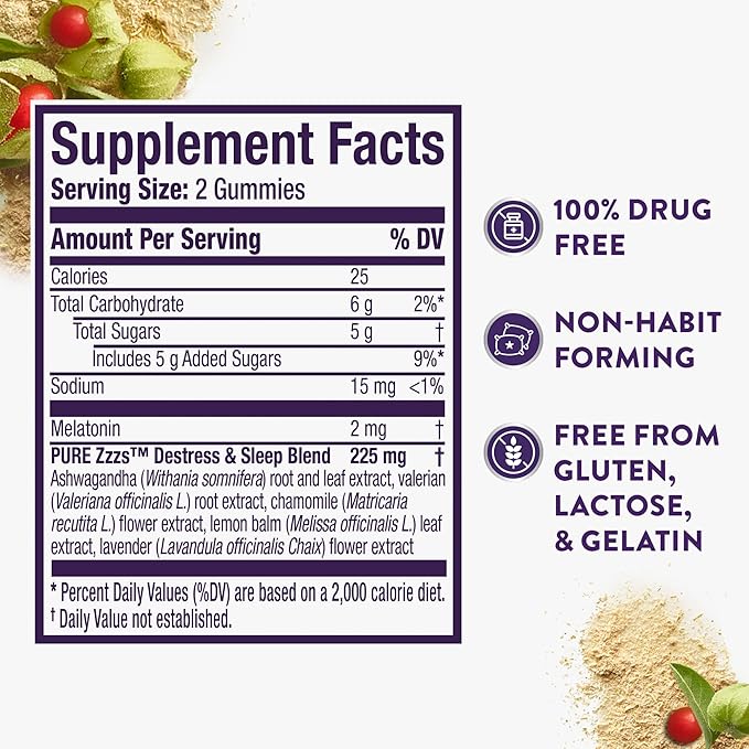 ZzzQuil PURE Zzzs De-Stress 2mg Melatonin Gummies, , Sleep Aids for Adults, Ashwagandha for Stress Support, 60 Gummies