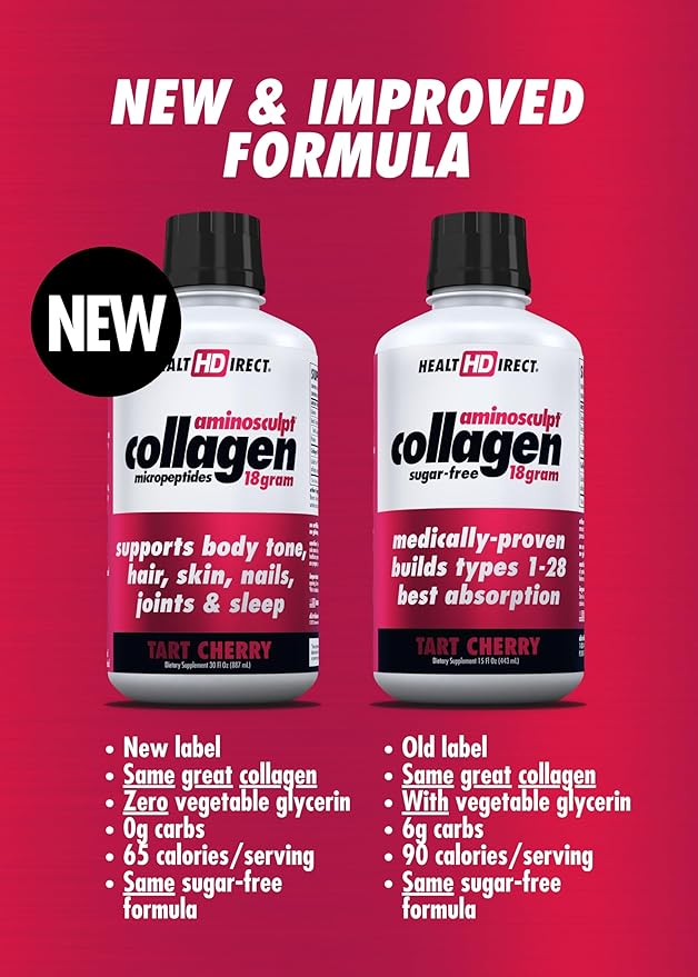 HEALTH DIRECT AminoSculpt Sugar-Free Collagen Supplement - High Potency Medical-Grade Protein for Hair, Skin, Nails & Joints, Grass-Fed, Non-GMO, Liquid Collagen - Tart Cherry - 15 Fl Oz