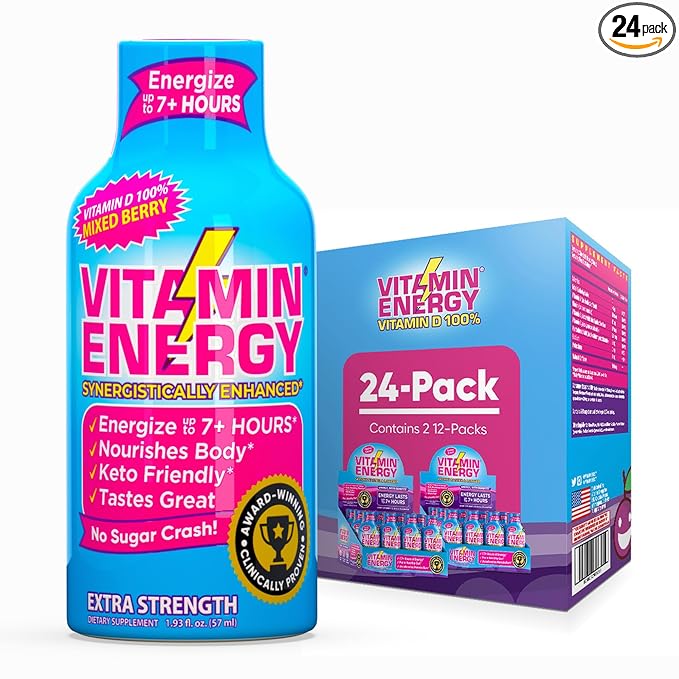 Vitamin Energy Vitamin D Extra Strength Energy Shot Mixed Berry 24 Pack, 260mg Natural Caffeine, B-Complex, Vitamin D, Wellness Support, Keto, Zero Sugar, Gluten-Free Vegan Kosher, 1.93 fl oz