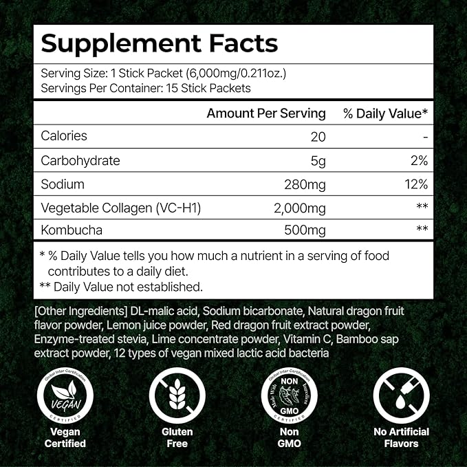 PLANT Vegan Collagen Peptide, Kombucha Powder, Probioitics, Vitamin C | 2000mg Tripeptide Vegetarian Collagen Booster, Dragonfruit Lime |15 Packets, Gut & Skin Health Anti-Aging Hydration Drink Mix