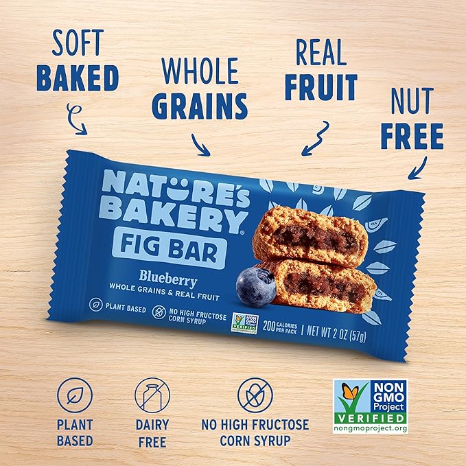 Nature's Bakery Whole Wheat Fig Bars, Blueberry, Real Fruit, Vegan, Non-GMO, Snack bar, Twin packs- 12 count