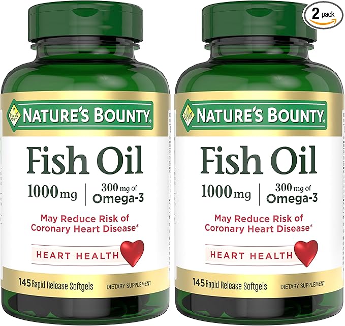 Nature's Bounty Fish Oil,Supports Heart Health,1000mg,Rapid Release Softgels,145 Ct,(Pack of 2)