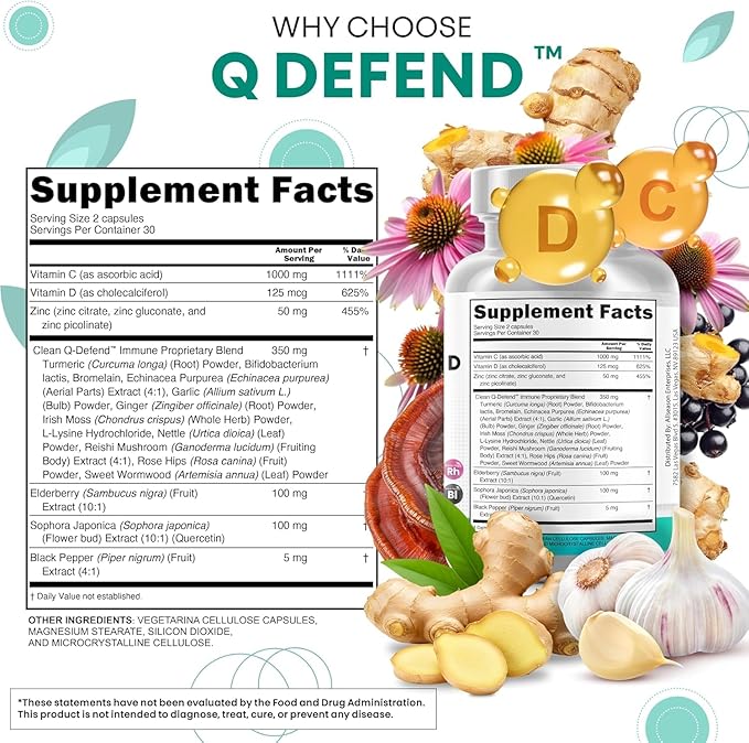 Q Defend Quercetin Supplement with Zinc Vitamin C Vitamin D Elderberry Turmeric Black Pepper Garlic Ginger Sea Moss Lysine Stinging Nettle Reishi Immune Support 60 Capsules Pack of 2 by Clean Nutra