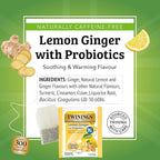 Twinings Lemon & Ginger with Probiotics Flavoured Herbal Tea, Supports Healthy Digestion, Naturally Caffeine-Free, 18 Tea Bags (Pack of 6), Enjoy Hot or Iced, 108 Teabags