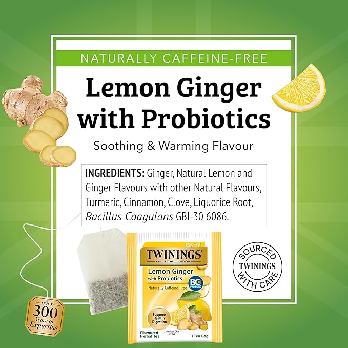 Twinings Lemon & Ginger with Probiotics Flavoured Herbal Tea, Supports Healthy Digestion, Naturally Caffeine-Free, 18 Tea Bags (Pack of 1), Enjoy Hot or Iced, 18 Teabags
