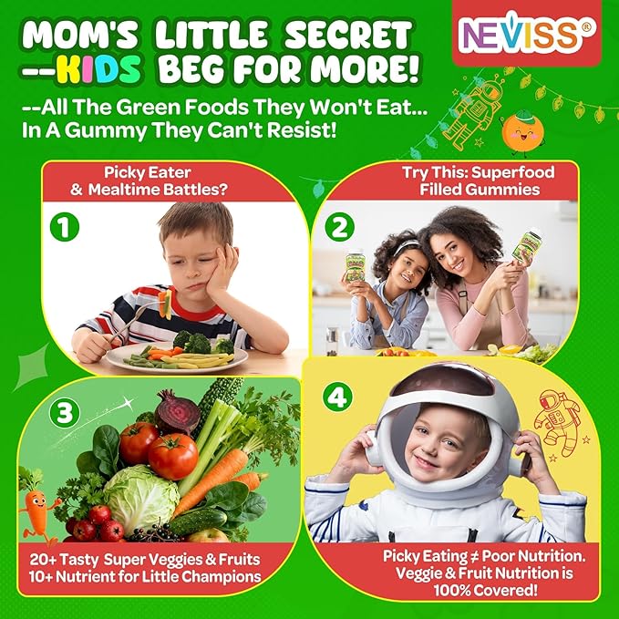 NEVISS Kids 4+ & Teens Super Greens 40-in-1 Gummies w/Multivitamin, Omega3 Iron, D3K2, Picky Eater Organic Super Fruits Veggies Superfood Gummy, Mushroom, Lutein | Immune Bone Brain Energy, Sugar Free