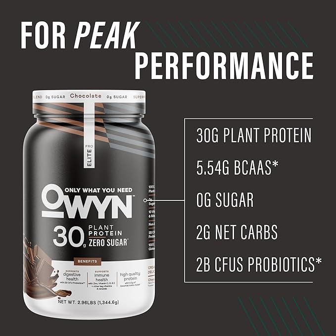 OWYN Only What You Need Pro Elite Chocolate Flavored Protein Powder, 32g Protein, 0g Sugar, 3g Fiber, High Protein, Dairy Free, Gluten Free, Plant Based Protein Powder, 2.9LB