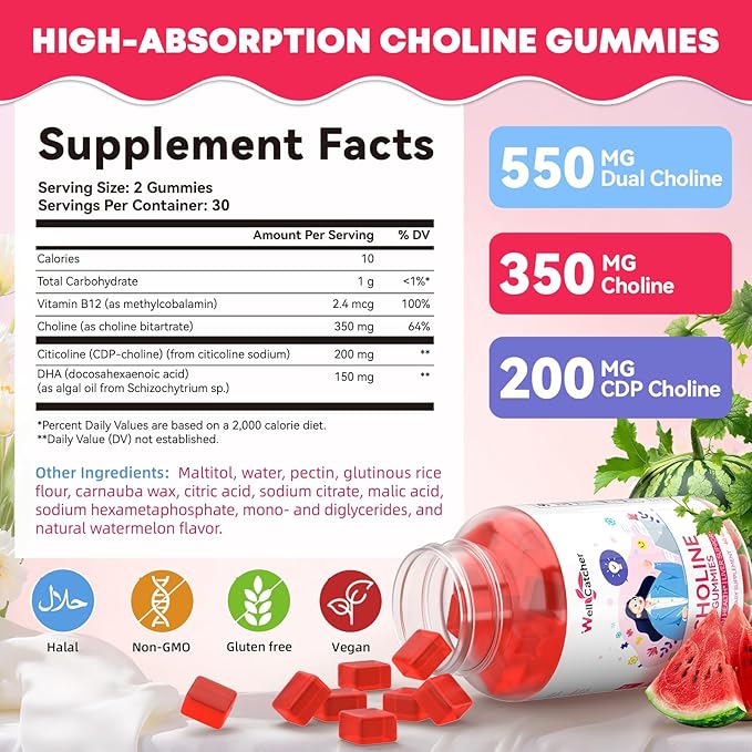 CDP Choline Supplement Gummies 550 mg: Citicoline Brain Supplement for Memory Focus Liver Health with DHA B12, High Potency Sugar Free Vegan Non GMO Watermelon Flavor 30 Days