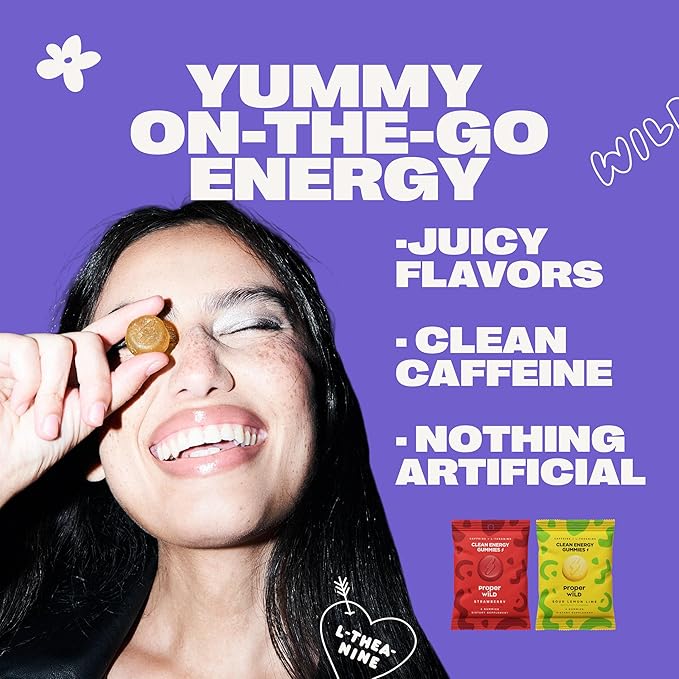 Proper Wild Energy Chews & Gummies for Focus & Clean Energy, Vegan with L-Theanine & Organic Caffeine, Plant-Based, Gluten-Free, Non-GMO, Strawberry (10-Pack)