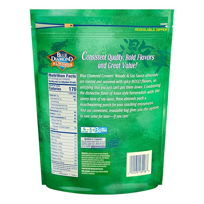 Blue Diamond Almonds,Bold Wasabi & Soy Sauce Flavored Snack Nuts,Bulk Bag,Pantry Staple,GMO-Free,Great for Parties,Lunch,Events,Holiday,and Healthy Snacking,25 Oz Resealable Bag,(Pack of 2)