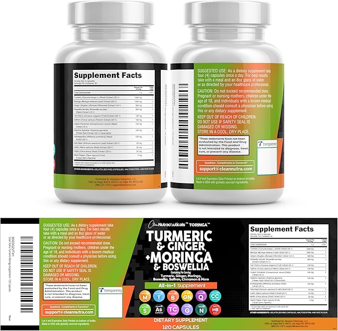 Turmeric Moringa Supplement | Ginger Boswellia Saffron - Supplement for Women and Men with Ceylon Cinnamon, Tart Cherry, Quercetin Garlic Nettle Holy Basil - 5Pack