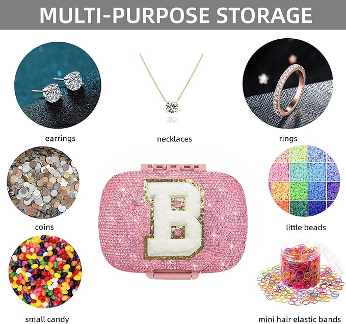 Cute Pill Organizer Small Bling Pill Case for Purse Medicine Vitamin Container Holder Daily Pill Box Container for Women Travel Medicine Kit(Letter B Pink)