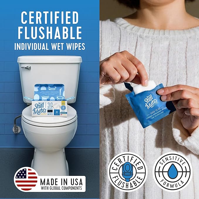 Stall Mates Witch Hazel: Flushable Wipes, Individually Wrapped, Travel Friendly, Soothing Witch Hazel, Unscented with Cucumber, Aloe and Chamomile, (30 on-the-go singles)