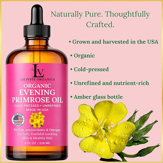 Evening Primrose Oil – 100% Pure, Cold-Pressed & Unrefined, Organic Evening Primrose Oil, Rich in Natural Fatty Acids & Antioxidants – for Skin, Hair, Massage & Carrier Oil, 4 fl oz Glass Bottle