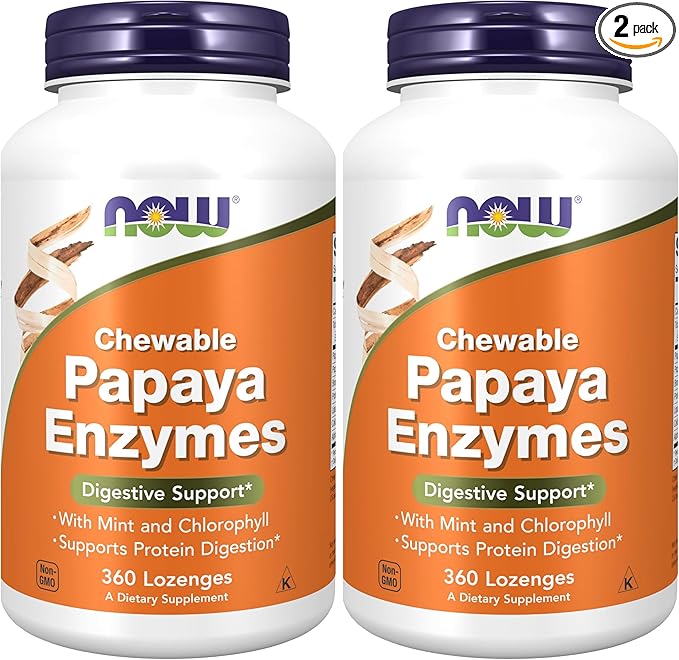 NOW Foods Supplements,Papaya Enzyme with Mint and Chlorophyll,Digestive Support*,360 Chewable Lozenges,(Pack of 2)