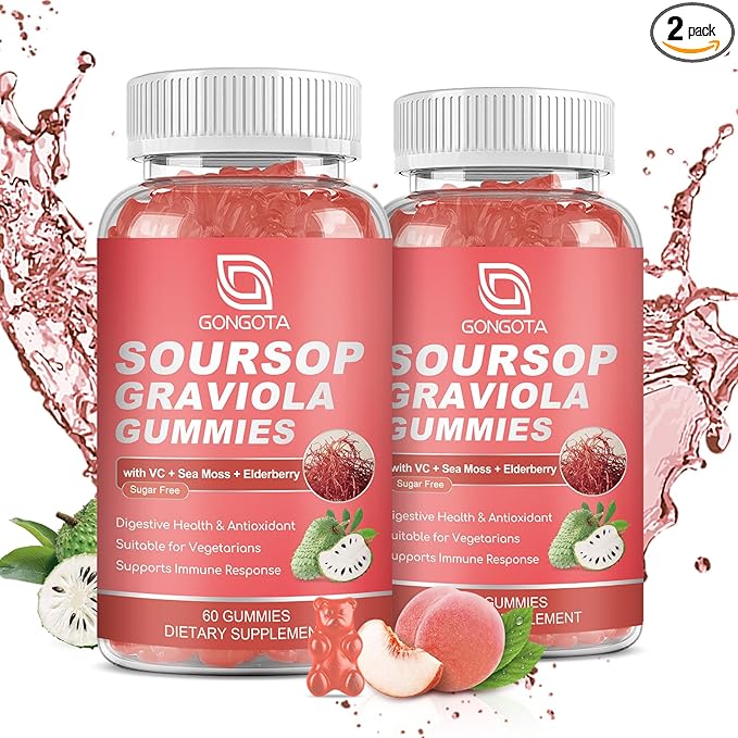 GONGOTA (2 Pack Soursop Graviola Gummies - 2200mg Extra Soursop Leaves Extract,Elderberry & Sea Moss, for Digestive, Immune, Antioxidant & Relaxation - Gluten Free, Vegan, 120 Gummies