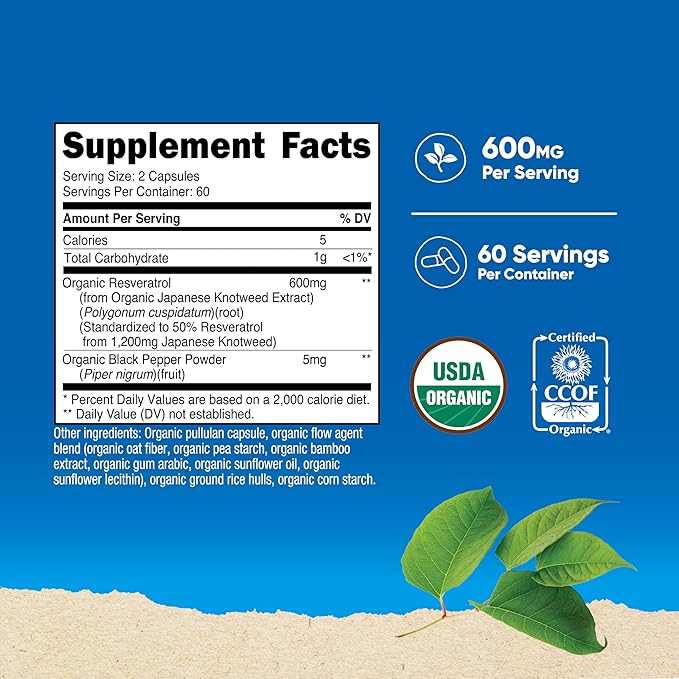 Nutricost Organic Resveratrol (600mg) 120 Capsules - USDA Organic, CCOF Certified, Vegan, GMO-Free, Gluten-Free, 60 Servings