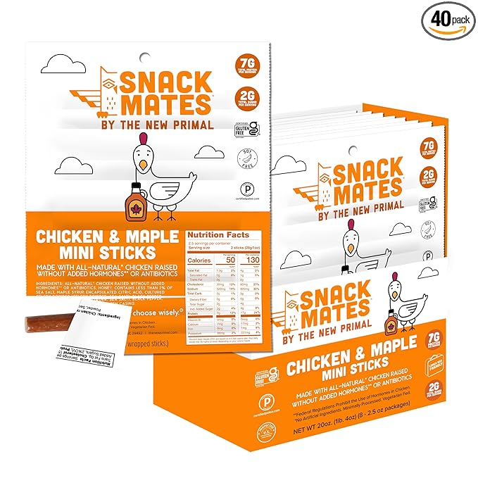 The New Primal Snack Mates Chicken & Maple Sticks, Gluten Free Healthy Snacks for Kids, Low Sugar High Protein Back to School Snacks, Mini Paleo Jerky Meat Stick, 7g Protein, 50 Calories, 40 Pack