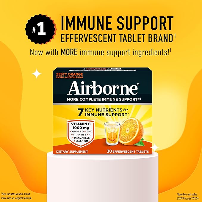 Airborne 1000mg Vitamin C with Vitamin D & Zinc, Sugar Free Multivitamin Immune Support Supplement, Antioxidants Vitamins A C & Vitamin E, 30 Effervescent Tablets, Zesty Orange Flavor
