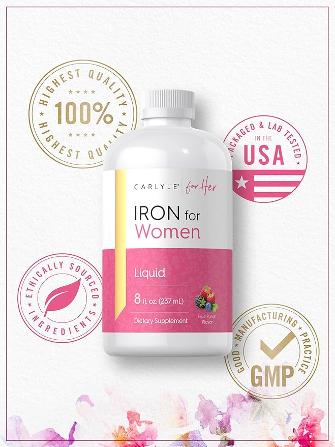 Carlyle Liquid Iron for Women | 8 fl oz | Fruit Punch Flavor | Vegetarian, Non-GMO, Gluten Free Dietary Supplement