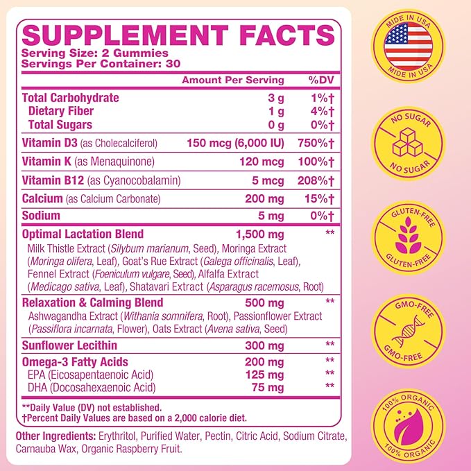 Lactation Supplement - Postpartum Lactation Support Gummies, with Milk Thistle, Moringa & Postnatal Vitamins, As Milk Supply Booster, Supports Mood, Breastfeeding & Postpartum Recovery - 30 Day Supply