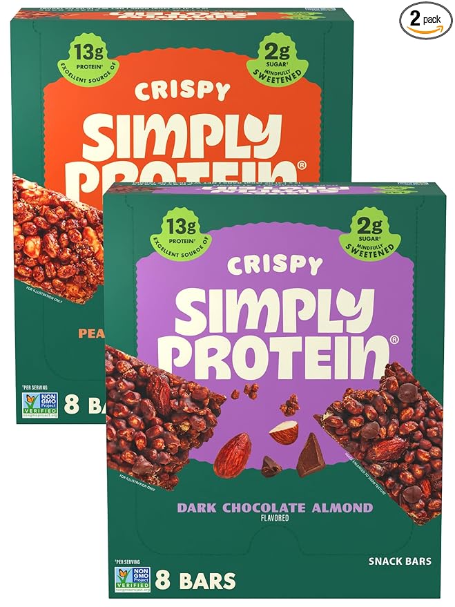 Simply Protein - Crispy Bars Variety Pack, Peanut Butter + Dark Chocolate Almond - Plant Based Protein Bars - 13g Protein, 2g Sugar, 7g Fiber - Vegan, Gluten Free, Non GMO - 16 Bars, 2 Boxes