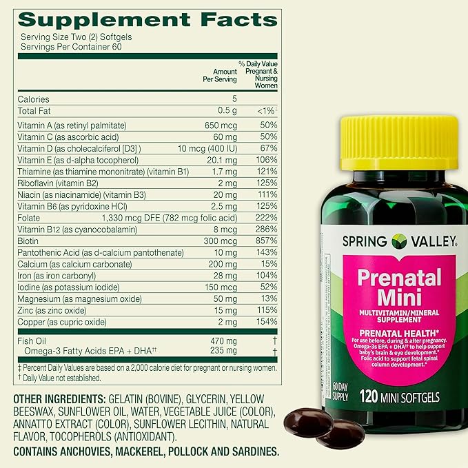 Spring Valley Mini Prenatal Vitamins for Women Softgels Bundle with Luall's 45 Diabetes Decoded. Mini Prenatal Vitamins for Women 120 Soft Gels