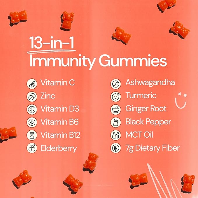 Grüns Immun Immunity Gummies with Vitamin C, Zinc, MCT Oil, & Turmeric - Daily Immune Support Supplement for Adults - Sour Pineapple Flavor (28 Count)