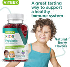 Viteey Probiotic Gummies for Kids Plus Prebiotics Fiber - 2 Billion CFUs - Digestive Health,Gut Health, Constipation Relief for Kids Support - Vegan, Gelatin Free - Chewable Probiotic Berry Flavored