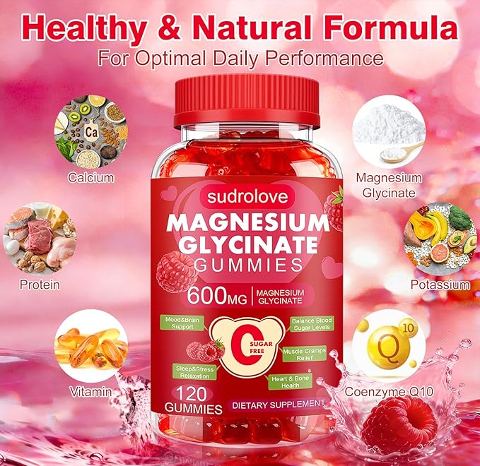 Magnesium Glycinate Gummies 600mg- Sugar Free Mg Potassium Supplement with Magnesium Glycinate, Vitamin D, B6 and CoQ10 for Calm Support & Sleep for Adults, 60 Days Supply ((Pack of 2), Raspberry)
