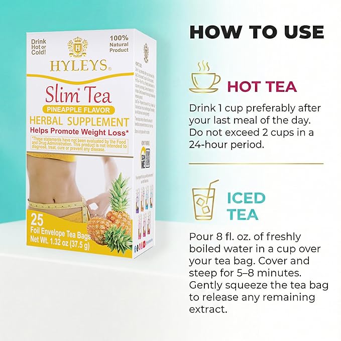 Hyleys Slim Tea Pineapple Flavor - Weight Loss Herbal Supplement Cleanse and Detox - 25 Tea Bags (12 Pack)