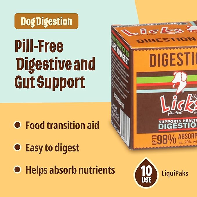 Licks Pill Free Dog Digestion - Dog Gut Health and Gas Relief - Bloating Relief and Digestion Supplement for Dogs - Dog Health Supplies - Gel Packets - 10 Use