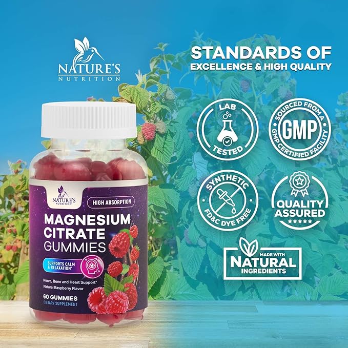 Magnesium Citrate Gummies for Adults & Kids - High Absorption Magnesium Supplements - Premium Calm, Relaxation, Muscle, Nerve, Bone & Heart Support - Great-Tasting Vegan Gummy Supplement - 60 Gummies