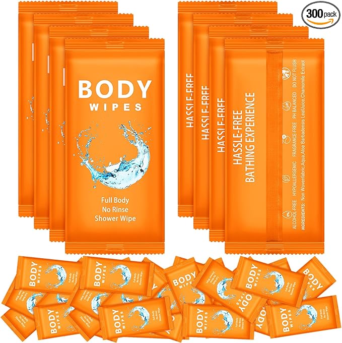 Treela 300 Pcs Large Body Wipes Bulk Deodorant Travel Size for Homeless Care Package Supplies Individually Wrapped Adults Bathing No Rinse Wet Wipes Men Women Hygiene Items(7.09" X 9.84",Orange)
