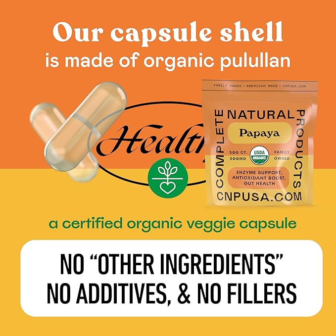 Complete Natural Products Papaya Enzyme Capsules 500mg - Organic Enzymes for Digestion with Papain, Vegan Non GMO Herbal Supplement Made USA, Fast Absorbing Digestive Support - 500 Capsules