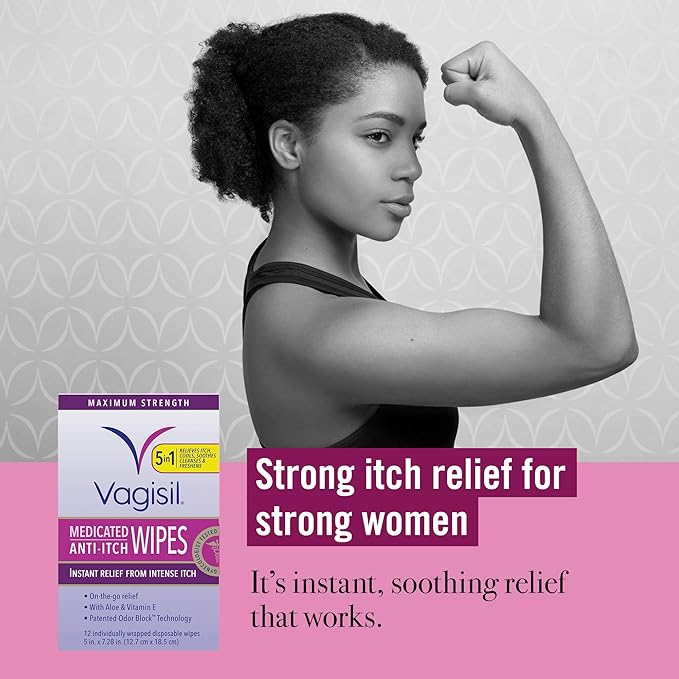 Vagisil Anti-Itch Medicated Feminine Intimate Wipes for Women, Maximum Strength, Gynecologist Tested, 12 Wipes (Pack of 3)