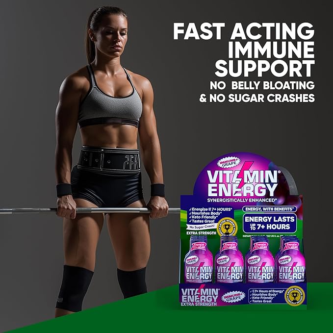 Vitamin Energy Immune+ Extra Strength Energy Shot Grape 12 Pack, 260mg Natural Caffeine, B-Vitamins, Citicoline, Green Tea, Immunity & Focus Support, Zero Sugar, Gluten-Free 1.93 fl oz