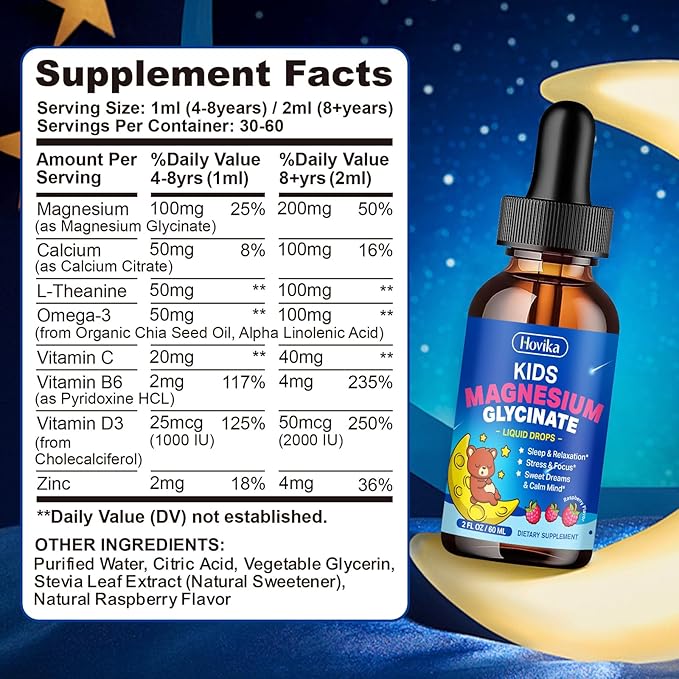 Magnesium Drops for Kids - with L-Theanine Omega-3, Vitamin B6, D3, Zinc - Kids Magnesium Glycinate Liquid for Sleep, Relaxation, Calm & Focus - 2 Fl Oz Raspberry Flavor