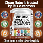 Clean Nutraceuticals Lions Mane 20in1 Mushroom Supplement with Turkey Tail Reishi Cordyceps Chaga Maitake Meshima Poria Cocos Shiitake Oyster Porcini Enoki - 1 Pack