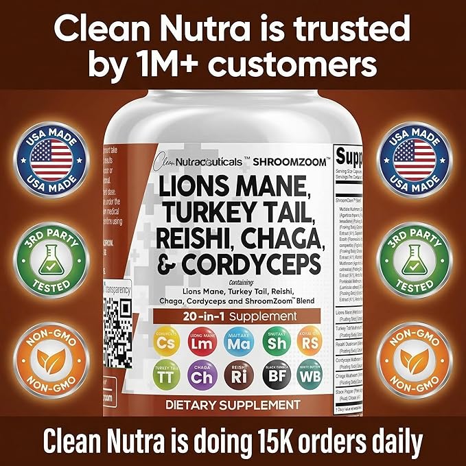 Clean Nutraceuticals Lions Mane 20in1 Mushroom Supplement with Turkey Tail Reishi Cordyceps Chaga Maitake Meshima Poria Cocos Shiitake Oyster Porcini Enoki - 1 Pack
