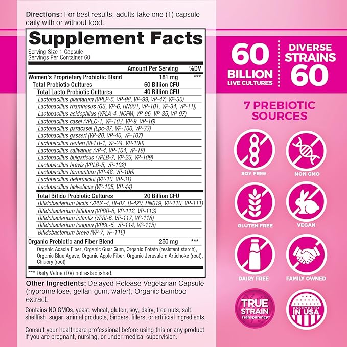 Vital Planet - Vital Flora Women’s Daily Probiotic 60 Billion CFU, 60 Diverse Strains, 7 Organic Prebiotics, Vaginal and Immune Support, Bloating, Digestive Health Probiotics for Women 60 Capsules