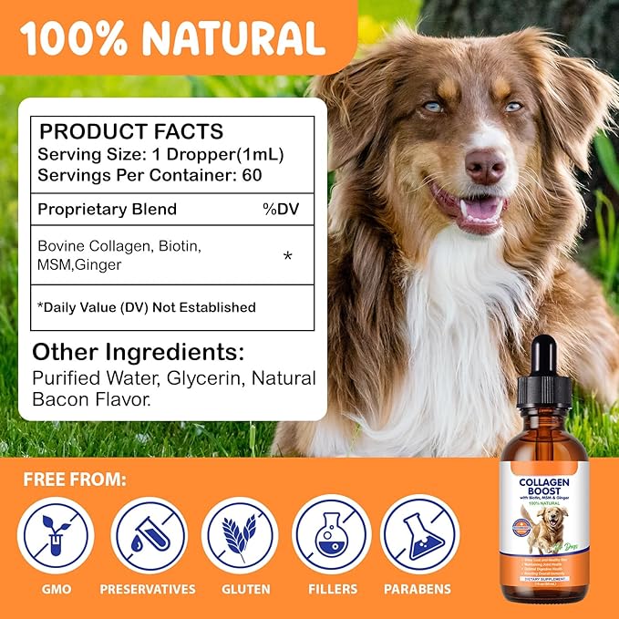 Premium Grass-Fed Liquid Collagen for Dogs - Skin and Coat Support Supplement with Biotin, Vitamin C and Hyaluronic Acid