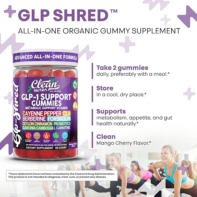 Clean Nutra Gummies with Cayenne Pepper, CLA, Berberine, Forskolin, Ceylon Cinnamon, Probiotics, Garcinia Cambogia & L-Carnitine | Mango Cherry Flavor | 60 Count Chewable Supplement Gummies