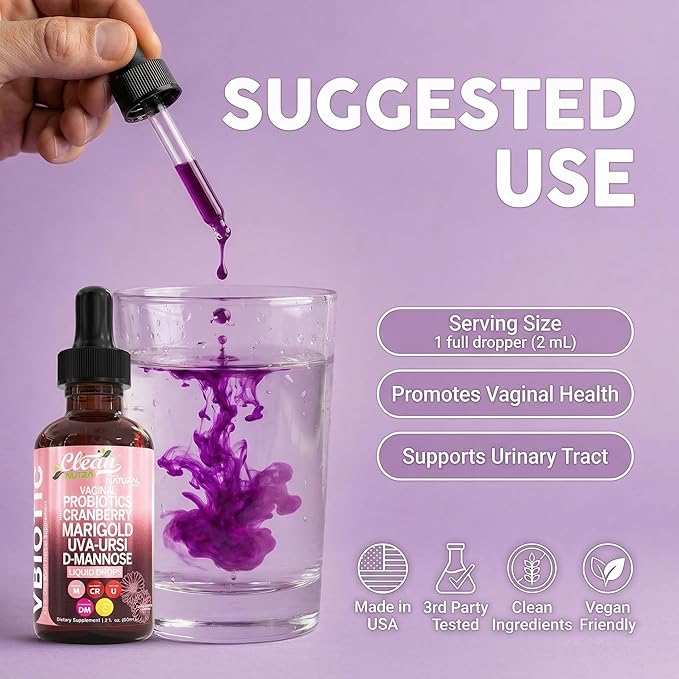VBiotic Vaginal Probiotic for Women Liquid Drops | Womens Probiotics | Cranberry Uva Ursi Horsetail D-Mannose Prebiotics Marigold & Black Cohosh Vaginal Health Supplement | pH Balance | By Clean Nutra