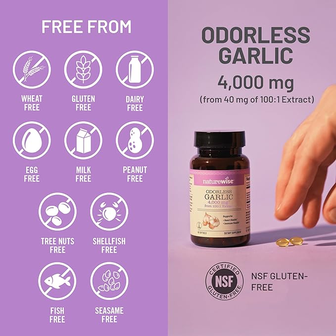 NatureWise Odorless Garlic Supplement 4000mg - Ultra Potent 100:1 Extract - Healthy Cholesterol Formula, Heart Health Support - Non-GMO, Gluten Free, with Halal Gelatin - 180 Count[90-Day Supply]