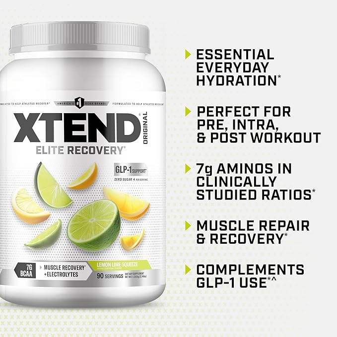 Xtend Original BCAA Powder, 7g BCAAs and 2.5g L-Glutamine for Muscle Recovery Hydration and Lean Muscle, Sugar Free Intra and Post Workout Drink with Electrolytes, Lemon Lime Squeeze, 90 Servings