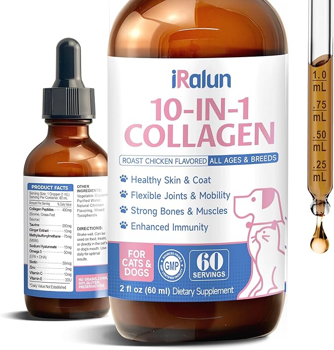 Premium Collagen for Dogs & Cats Skin and Coat Supplement, 10 in 1 Liquid Collagen for Cats -Support for Joints, Hips, Skin & Coat Health with Hyaluronic Acid, Biotin, MSM - Roast Chicken Flavor