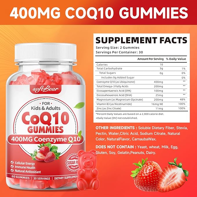 softbear CoQ10 Gummies 400mg Coenzyme Q10 Supplement for Adults, High Absorption coq10 Plus Omega-3, Magnesium, Vitamin B3 & Zinc for Cellular Energy & Antioxidant, Strawberry Flavor 60 Count