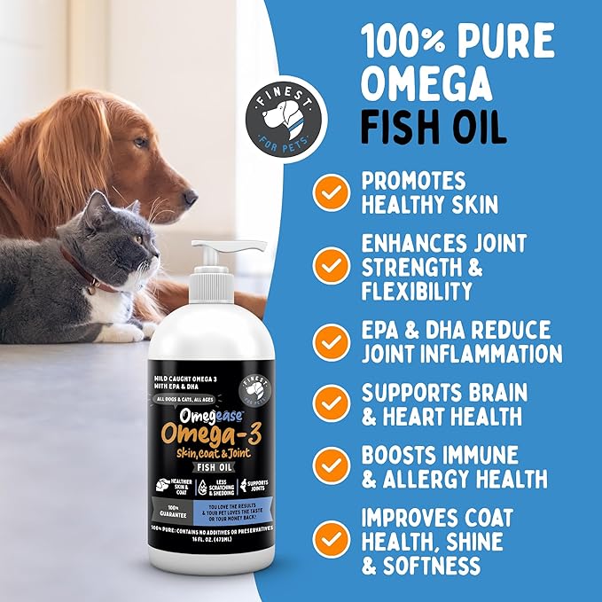100% Pure Fish Oil for Dogs & Cats (1,545mg Omega 3 per Teaspoon) 8oz. Loaded with EPA & DHA for Joints, Skin & Coat, Itching, Heart & Immune Health. Stronger Than Salmon Oil. Unflavored Omegease.